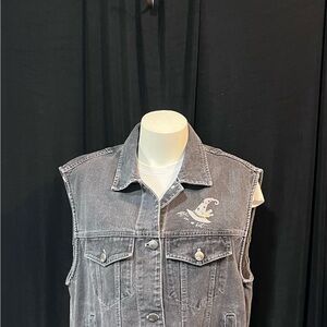 Put On Th Hat Gray Wash Denim Vest – Witchy Embroidered Design, Size L